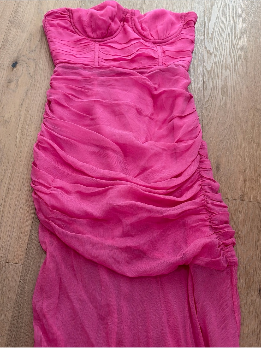 Camila Coelho XS Strapless Ruched Chiffon Maxi Dress - Hot Pink